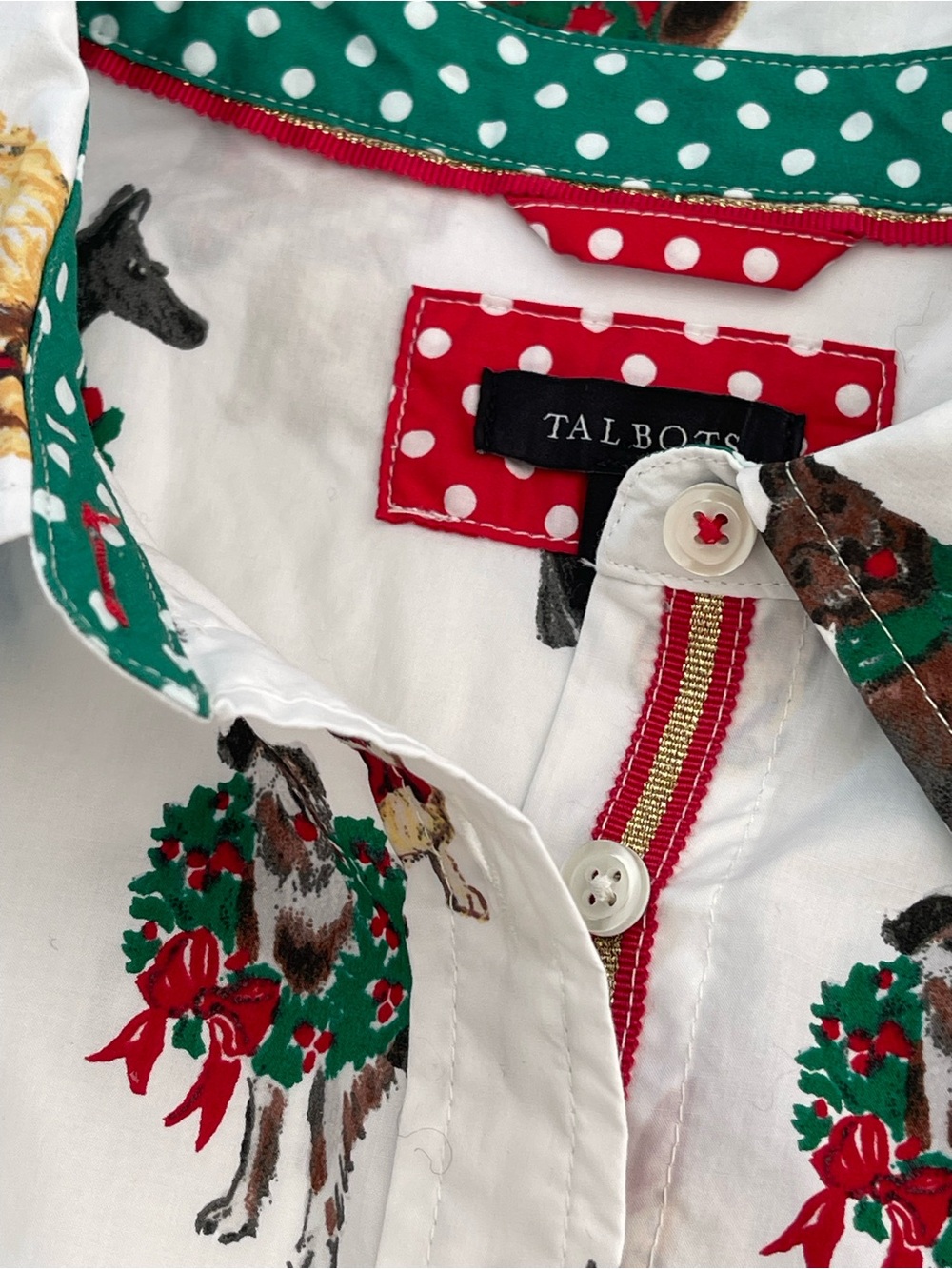 Talbots White Cotton Festive Button-Front Shirt "Dogs of Christmas" Print, Large - Picture 7 of 13